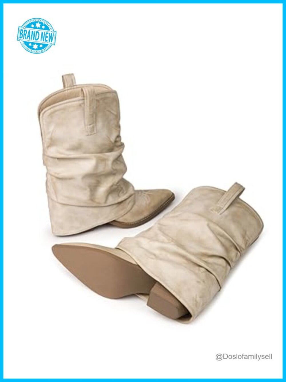 Faux Leather Mid Calf Western Cowboy Boots Pointed Toe Slouchy Pull On - Picture 3 of 6